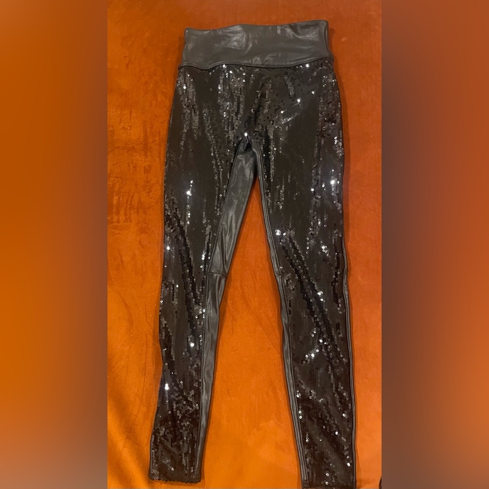 SPANX. Sequined leggings. Faux leather in back.